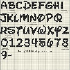 a cross stitch pattern with the letters and numbers in black, white, and grey