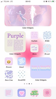 an iphone screen with the words purple on it and other icons in different colors, sizes and