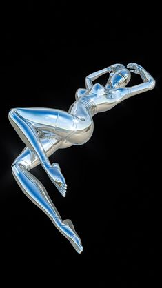 a shiny silver woman is floating in the air with her legs spread out and hands behind her back