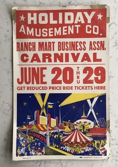 an old poster advertising carnival rides at the fairgrounds for holiday amusement co, ranch mart business assn carnaval