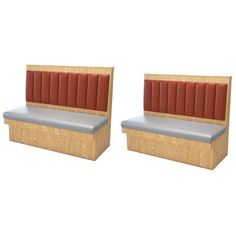 two wooden benches sitting next to each other on top of a white floor with red cushions