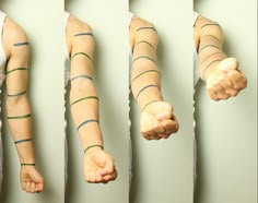 four different angles of a person's arm with strips on it and the arms are folded in half