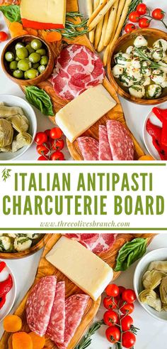 the italian antipasti charcuterie board is full of meats, cheese and vegetables