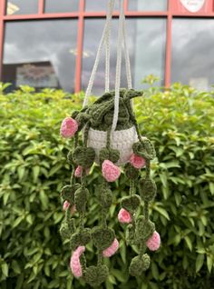 a crocheted green and pink plant hanging in front of a building with windows