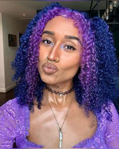 offbeatlook instagram alt black woman purple blue dyed curly hair pigtails gold nose ring piercing style makeup beauty cheekbones lipstick Purple And Black Curly Hair, Alt Curly Hair, Alt Black Woman, Purple Curly Hair, Lipstick Selfie, Purple Natural Hair, Purple And Blue Hair, Aesthetic Choker, Hair Pigtails