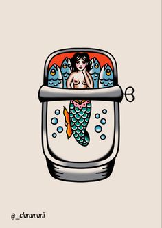 a drawing of a mermaid in a bottle with bubbles and fish on it's side