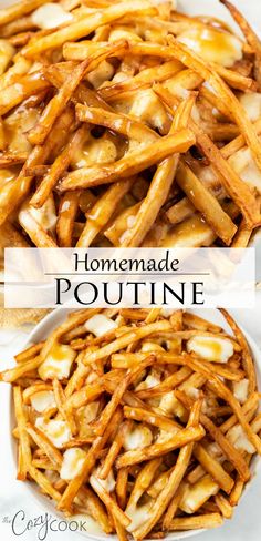 homemade poutine french fries in a white bowl with the words, homemade poutine