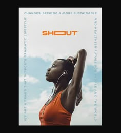 a woman in an orange top with headphones on her ears and the words'shut'above her