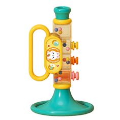 a toy musical instrument on top of a blue stand with yellow handles and knobs