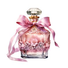 a painting of a pink perfume bottle with a ribbon around it and flowers on the side