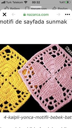 two crocheted squares are shown in different colors and sizes, one is yellow and the other is pink