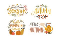 four autumn stickers with the words hello pumpkin season