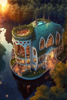 an artist's rendering of a futuristic house in the middle of a lake at sunset