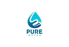 the logo for pure water, which is designed to look like a hand holding a drop