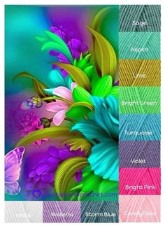 an image of flowers and butterflies with the colors in each color scheme, including blue, pink