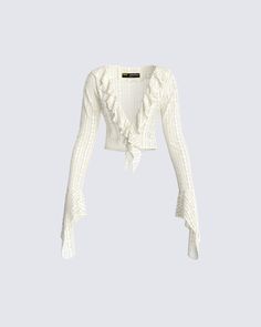 Use your charm to your advantage in this fitted ivory lace top 😚 Featuring ruffle detailing around the neckline and sleeve hem, a lettuce edge, plus loop and button closures - this piece is perfect for those occasions that call for a little extra effortless elegance 🤍 White Crochet Long Sleeve Top, Ruffle Tops Outfit, White Corset Dress, Ivory Lace Top, Ruffled Tops, White Ruffle Top, Vegan Leather Skirt, Red Mini Skirt, Welcome To The Future