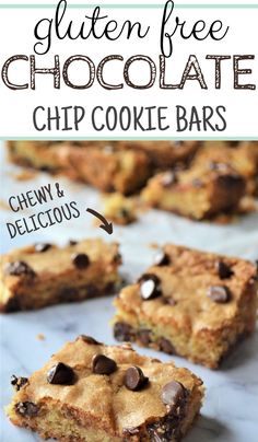 gluten - free chocolate chip cookie bars with text overlay