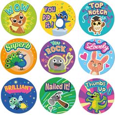 six different badges with cartoon characters on them