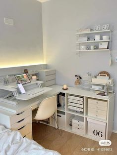 a white desk and chair in a room