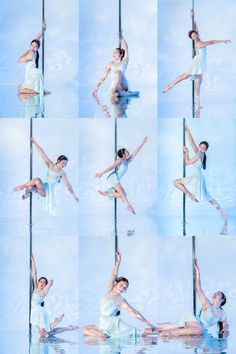 multiple images of a woman in white dress doing different poses on a pole with her legs spread out