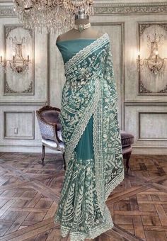 Beautiful turquoise blue net saree with thread, stone and sequins work and running blouse piece Blue Net Saree, Tassels Fashion Clothing, Simple Saree Designs, Indian Sari Dress, Fancy Sarees Party Wear, Sari Dress, Beautiful Casual Dresses, Simple Sarees, Net Saree