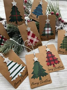 christmas gift tags with plaid and trees on them