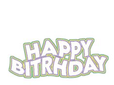 the word happy birthday written in purple and green lettering on a white background with an outline effect