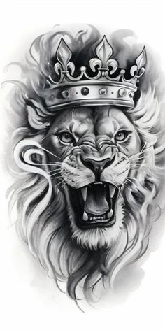 a drawing of a lion with a crown on top of it's head and its mouth