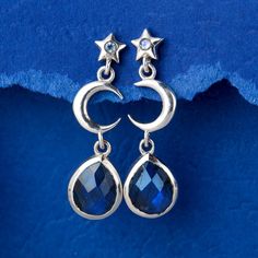 These celestial moon and star sterling silver Labradorite earrings are pure magic! Inspired by the night sky, these earrings feature crescent moons and stars with a stunning genuine Labradorite gem. Wear these on a beautiful night out or let them add a bit of glam to casual outfit. Labradorite can symbolize self-love, spiritual protection and intuition.*Our jewelry features natural, genuine gemstones, ensuring each piece is unique and one-of-a-kind. Please note that, as no two gemstones are iden Celestial Crescent Sterling Silver Jewelry, Celestial Sterling Silver Jewelry With Matching Earrings, Sterling Silver Celestial Jewelry With Matching Earrings, Blue Moon-shaped Sterling Silver Earrings, Silver Teardrop Celestial Jewelry, Celestial Teardrop Sterling Silver Jewelry, Silver Celestial Gemstone Earrings, Celestial Sterling Silver Moon Jewelry, Celestial Half Moon Earrings With Moon Phase Detail