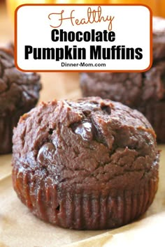 healthy chocolate pumpkin muffins with text overlay