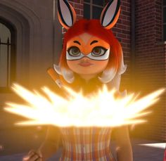 the animated character is dressed in an orange and white outfit with large ears, holding her hands out