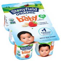 three boxes of stonyfield organic baby yogurt with strawberries and strawberrys