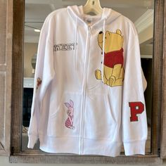 Disney Winnie The Pooh Jacket White Knit Sweatshirt Hoodie Cotton Knit Lightweight Comfy Beach Vacation Hooded Character Print Fall Outerwear, White Disney Sweatshirt For Fall, Disney Cartoon Print Winter Hoodie, Disney Hoodie With Cartoon Print For Winter, Disney Style Winter Hoodie With Cartoon Print, Disney Cartoon Print Hoodie For Winter, Disney Hoodie For Winter, Disney Winter Hooded Tops, Disney Winter Hoodie