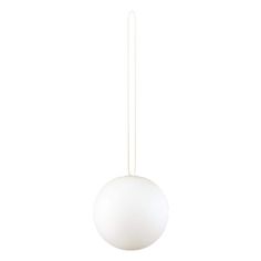 a white light hanging from a ceiling with a long cord in front of it and an object to the side