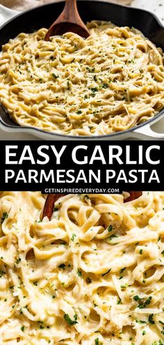 an easy garlic parmesan pasta recipe in a skillet