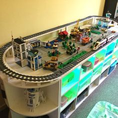 a toy train set on display in a room