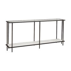 an iron and glass console table with two shelves on one side, against a white background