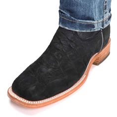 Looking for something that’s going to give your boot collection a little edge? This Men’s Corral Boot is made with genuine American alligator with a rugged matte-black look. The 13” top features a black and silver stitch pattern. This cowboy boot comes with a stacked western heel—a trademark of great quality. Featuring a sewn-in cushion and a leather sole with a rubber insert. Toe: Wide Square Heel: 1 1/2" (Western) Shaft Height: 12” Leather: American Alligator / Cowhide Colors: Matte Black / Mi Black Cowboy Boots For Men, Country Mens Fashion, Chelsea Boots Men Outfit, Boots Men Outfit, Boot Collection, American Alligator, Alphabet Symbols, Black Cowboy Boots, Black Alligator