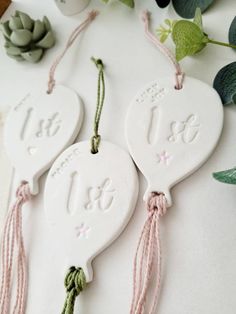 three ceramic tags with numbers and tassels hanging from strings next to succulents