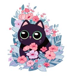 a black cat surrounded by flowers and leaves