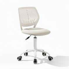 a white office chair with wheels on it