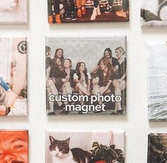 several magnets with pictures of people and cats on them are hanging on the wall