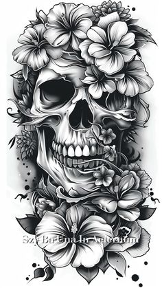 a skull with flowers on it's head is shown in this black and white tattoo design