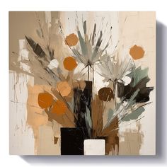 an abstract painting of flowers in a black vase on a white background with oranges and browns