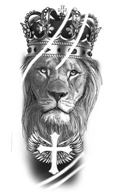 a black and white drawing of a lion with a crown on it's head