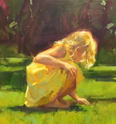 a painting of a woman kneeling in the grass