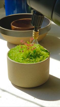 a bowl filled with green food next to another bowl