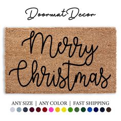 a door mat with the words merry and bright on it in black ink, surrounded by color