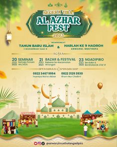 an advertisement for the festival with people standing in front of mosques and balloons flying around