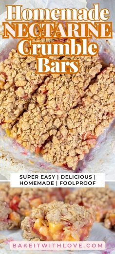 homemade nectarine crumble bars recipe with text overlay